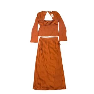 Ownley Free People Maxi Skirt Set Orange Brown Satin Sheer Wrap Midi M NWT